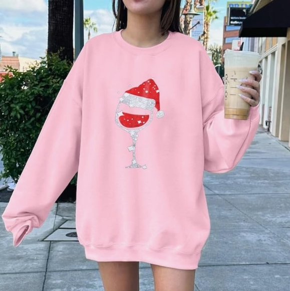 Pink Santa Wine Glass Sweatshirt New - Picture 2 of 15